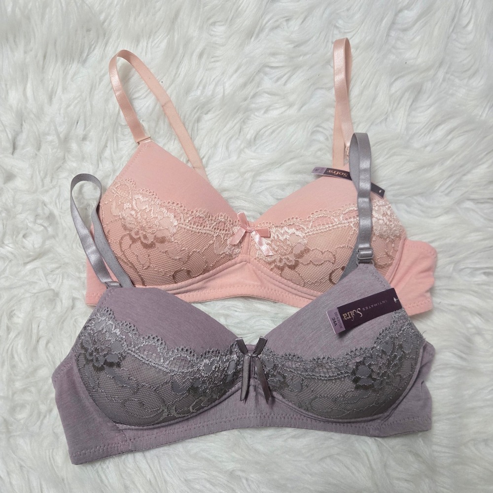 Sofra Intimates Lot of 2 Wireless Lace Trim Bras Peach Pink Grey 34A BR4395N NWT